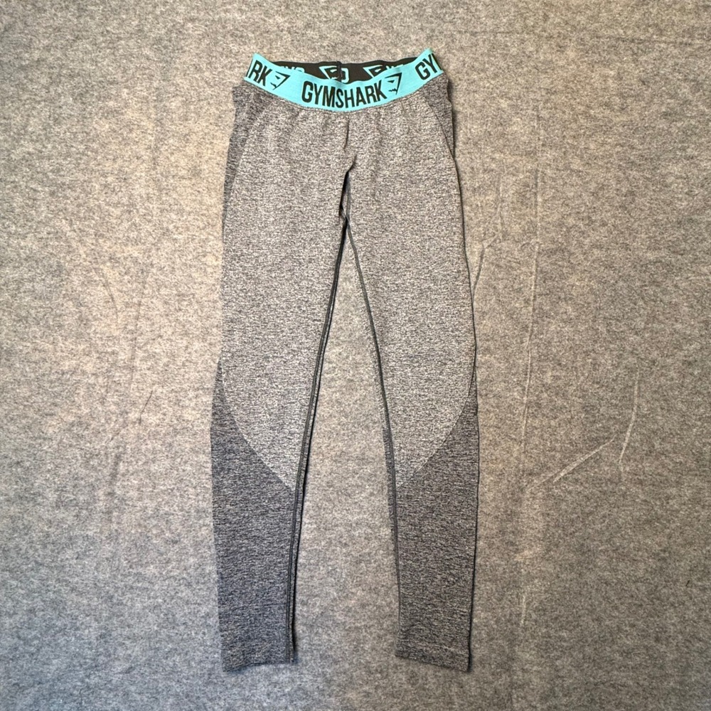 Gymshark Flex Seamless Womens Leggings S Gray Marl Teal Logo Waistband Gym Wear